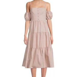 SOLD BCBG MaxAzria XS Midi Dress Square Neck Cold Shoulder Puf Sleeve Tiered
